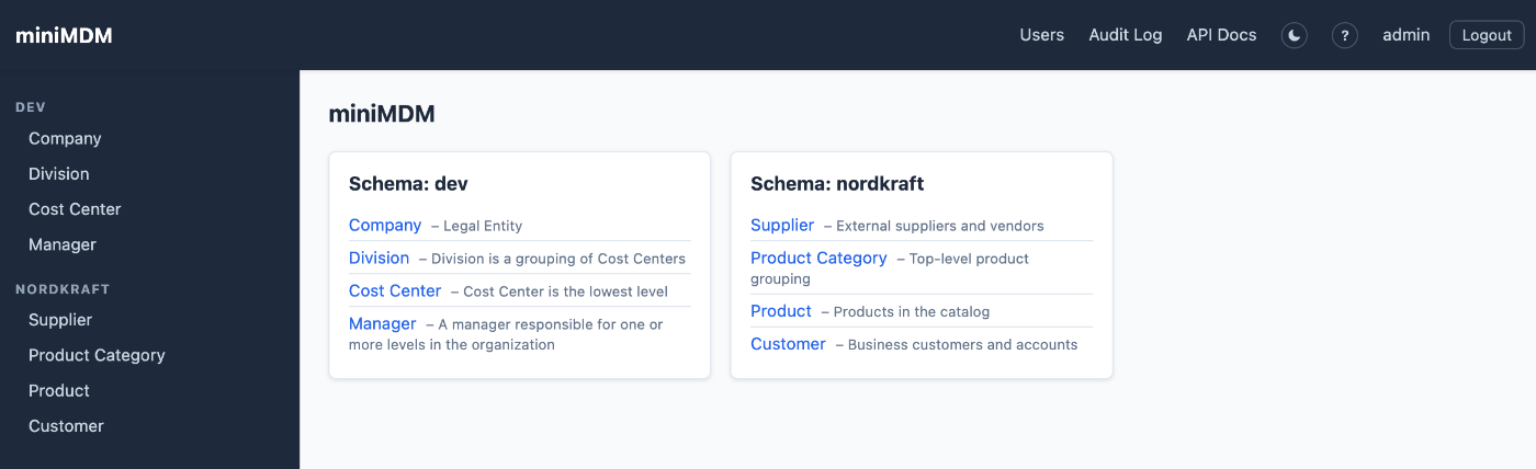 miniMDM dashboard showing schemas and object counts
