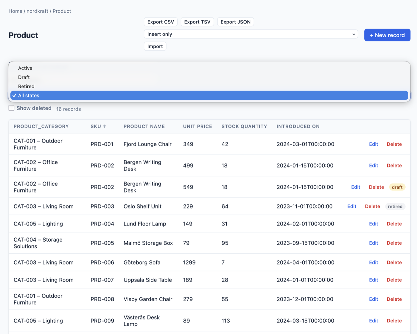 A sortable list of project records with search, pagination and badge tags