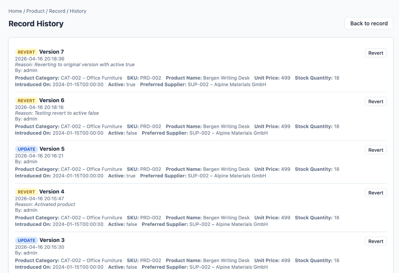 Version history timeline for a single record, with insert/update/revert badges