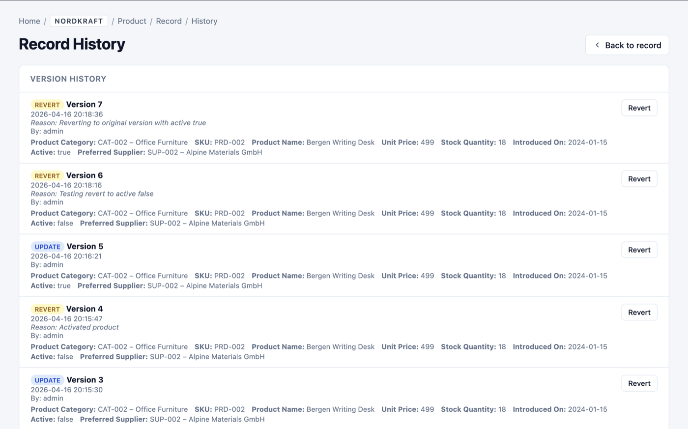 Version history timeline for a single record, with insert/update/revert badges