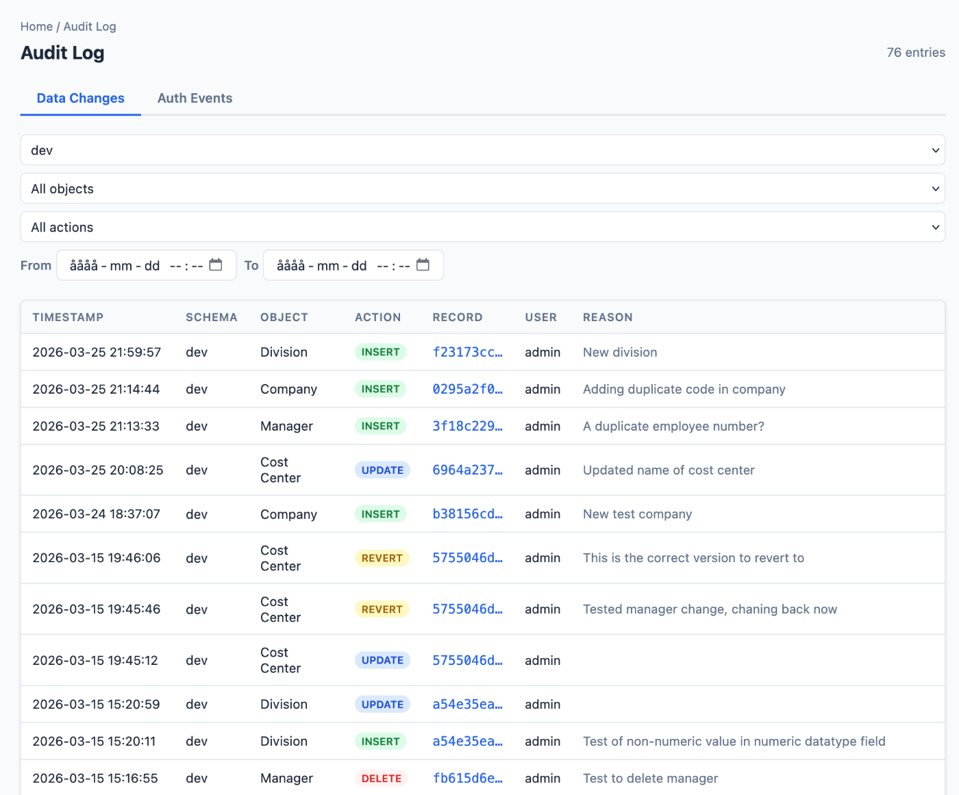 System-wide audit log listing user actions with timestamps and filters