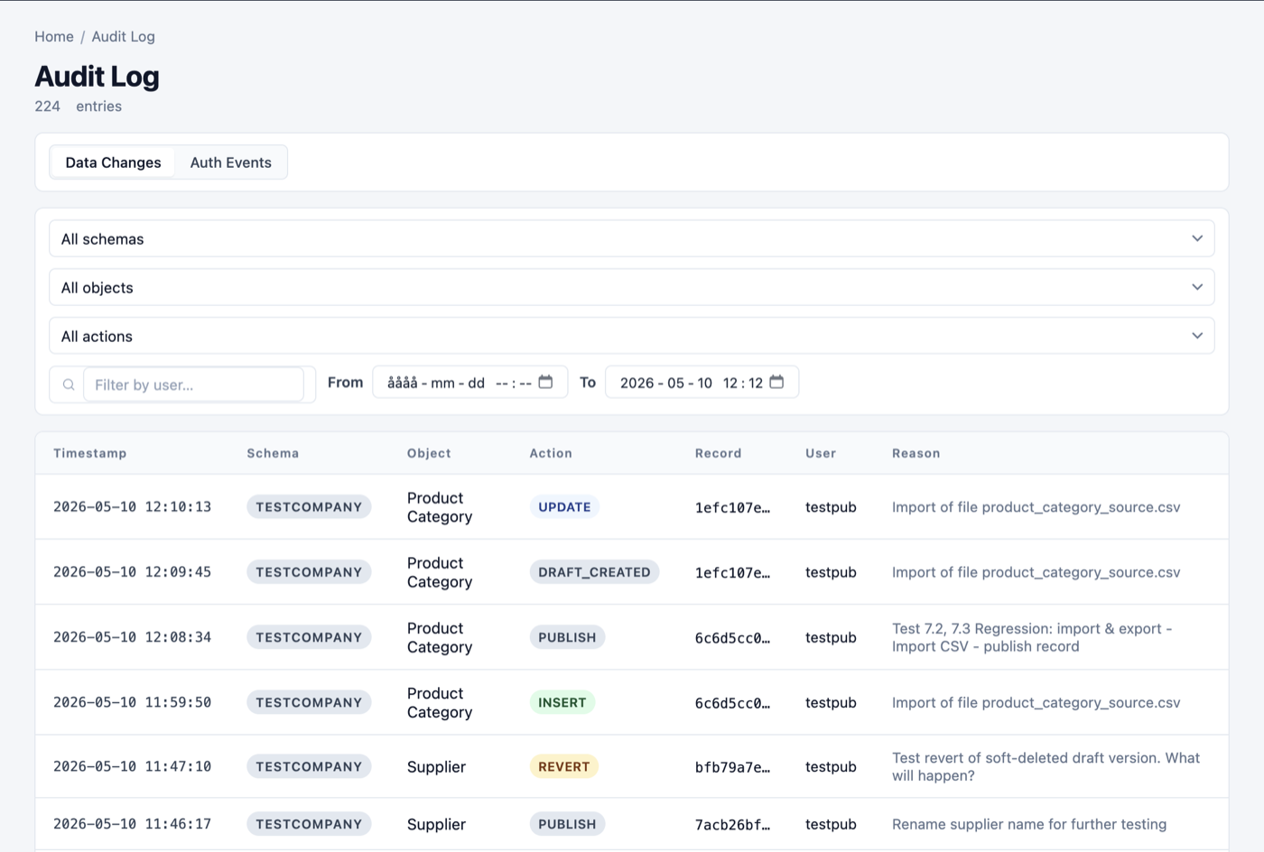 System-wide audit log listing user actions with timestamps and filters